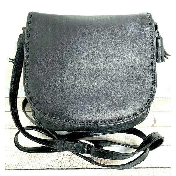 Eddie Bauer BLACK GENUINE LEATHER TASSELS FLAP MINI SHOULDER BAG CROSSBODY PURSE - Picture 1 of 11